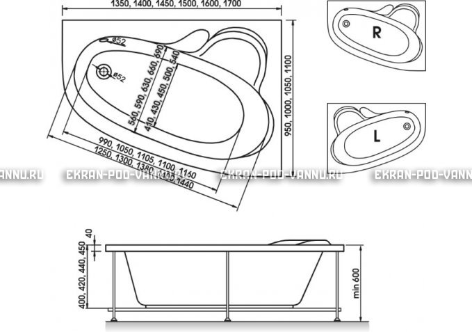 Акриловая ванна Relisan Ariadna 135x95 – купить по цене 22700 руб. в интернет-магазине в городе Севастополь картинка 3